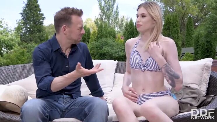 Blonde Babe Milena Devi's Poolside Blowjob