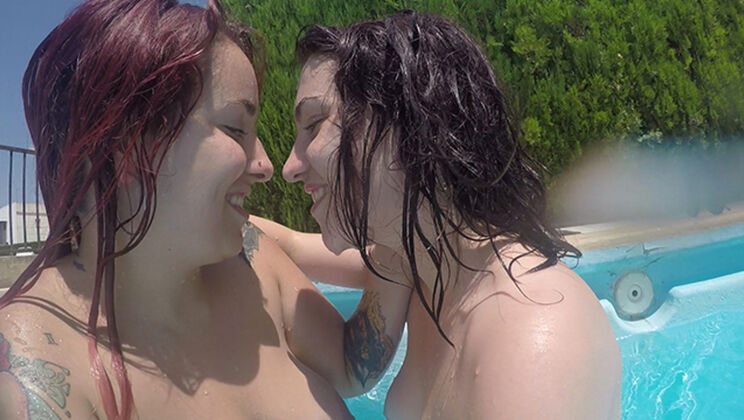 Slippery Wet Pool Handjob and Breast Kissing with Eva & Sharruska