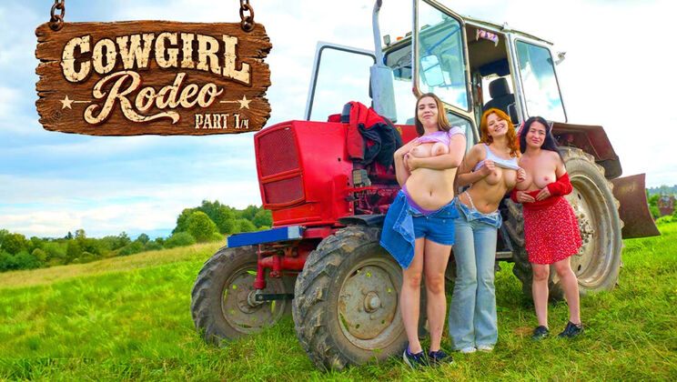 Cowgirl Rodeo 1/4: Redhead and Brunette Teens in Hot Pussy Licking